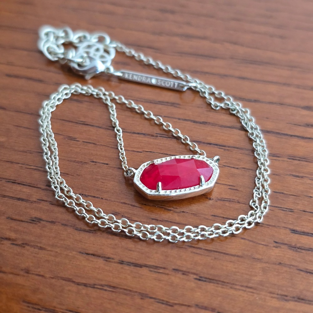 Kendra Scott Elisa Pendant Necklace Rhodium Silver Red Stone Faceted Jewelry